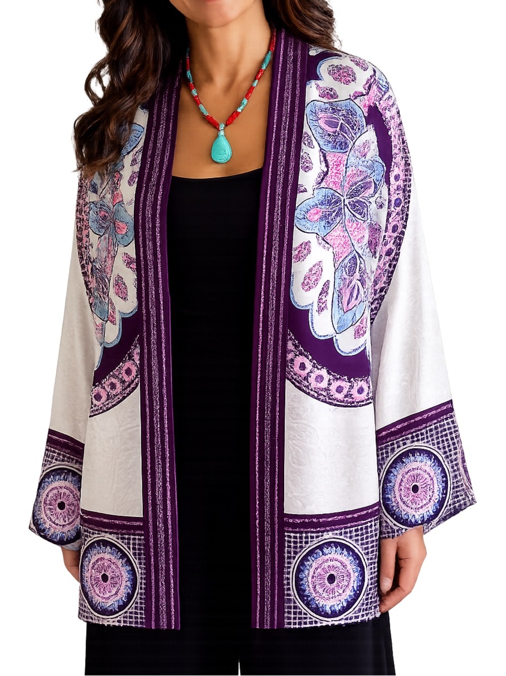 Chico’s Floral Mosaic Open Front Kimono Jacket — Purple & Cream